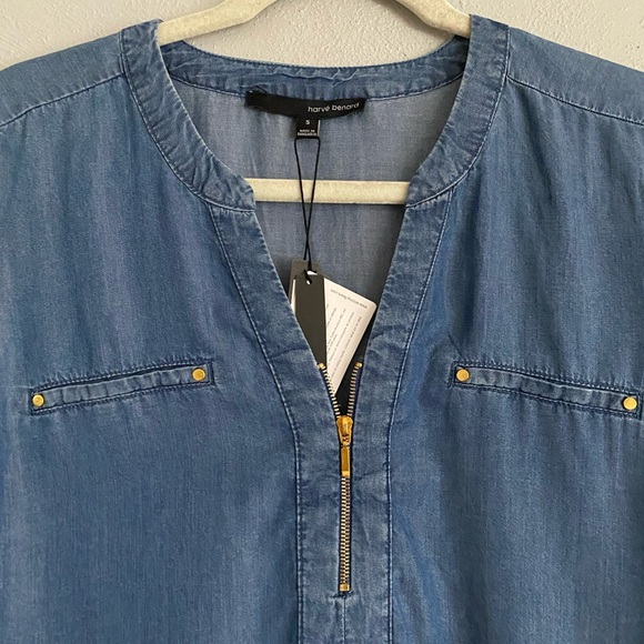Harve Benard Denim Top Womens Size Small Blue 100% Tencel Roll Tab Sleeves - Picture 3 of 10